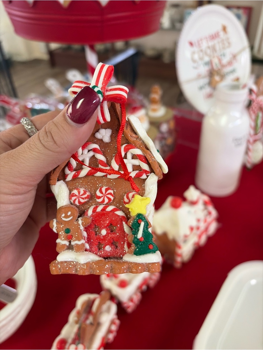 Festive Gingerbread House Holiday Ornament in Red, Green & Brown